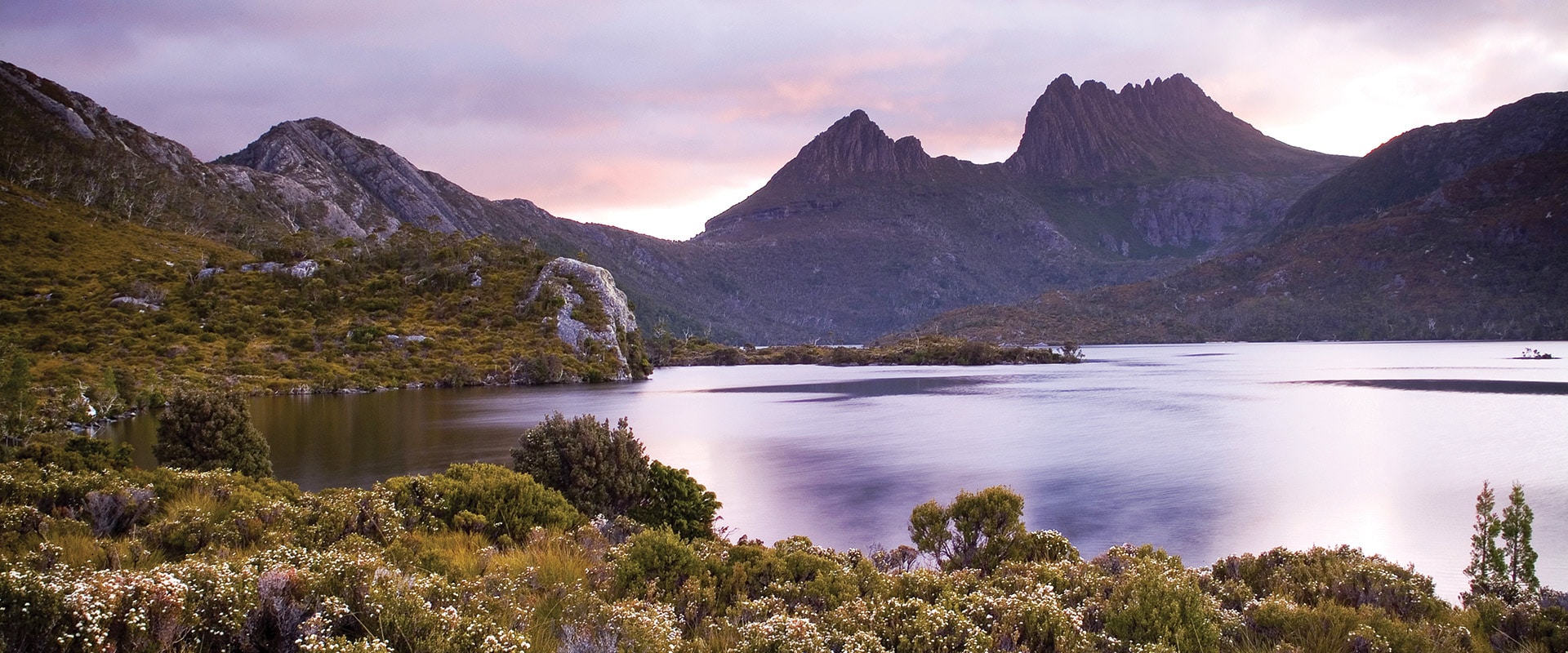 View of Cradle Mountain with lake in foreground, Tasmania