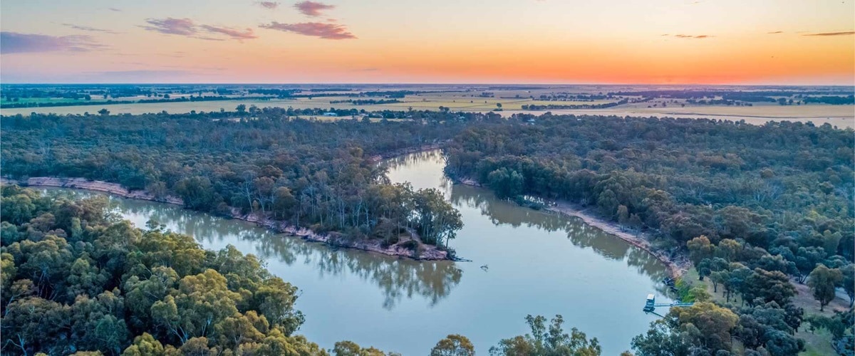 areal view of the Murray River during a sunset