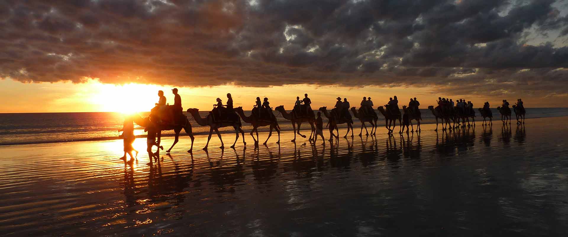 Line of camels taking tourists for a ride along the beach at sunset, WA