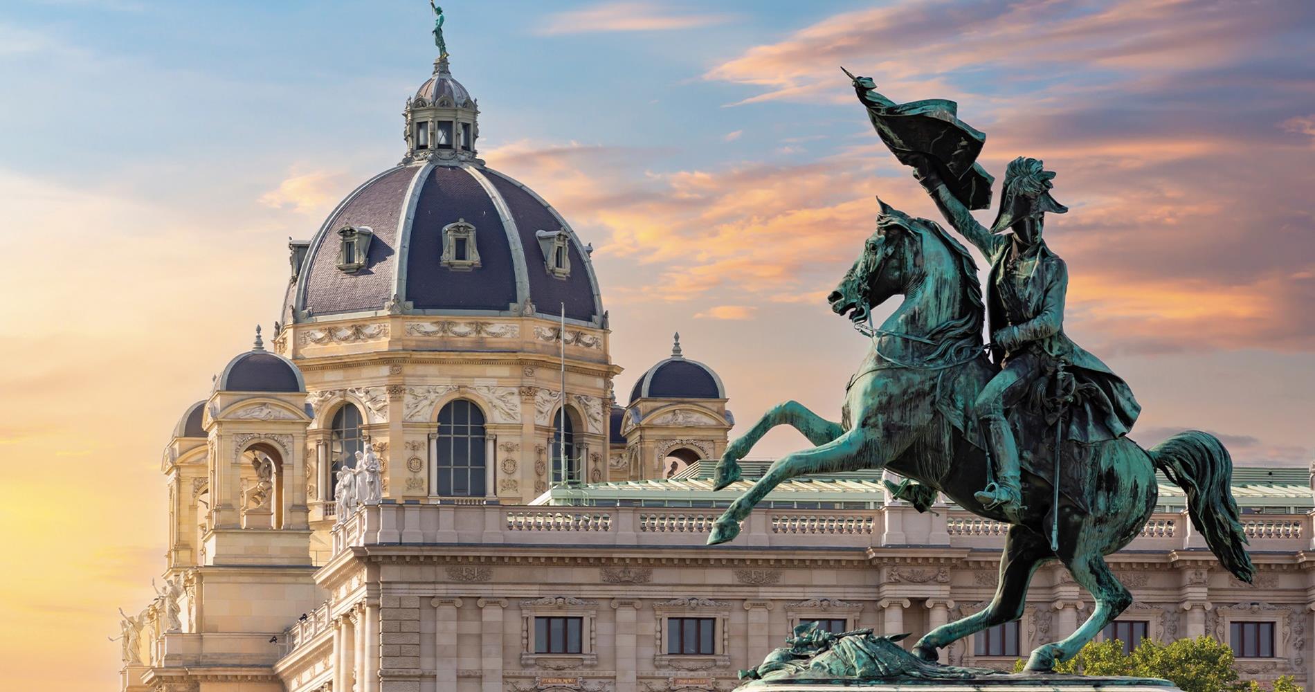 Statue of Archduke Charles Heldenplatz in front of the dome of Museum of Natural history, Vienna, Austria