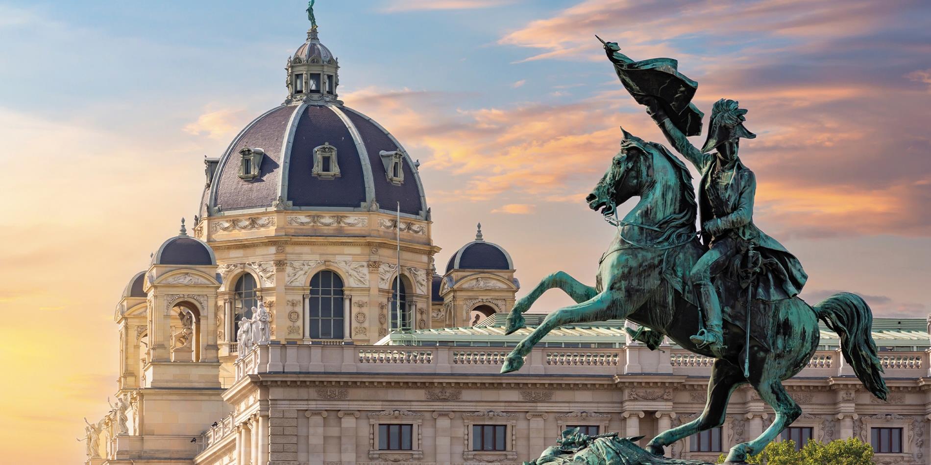 Statue of Archduke Charles Heldenplatz in front of the dome of Museum of Natural history, Vienna, Austria