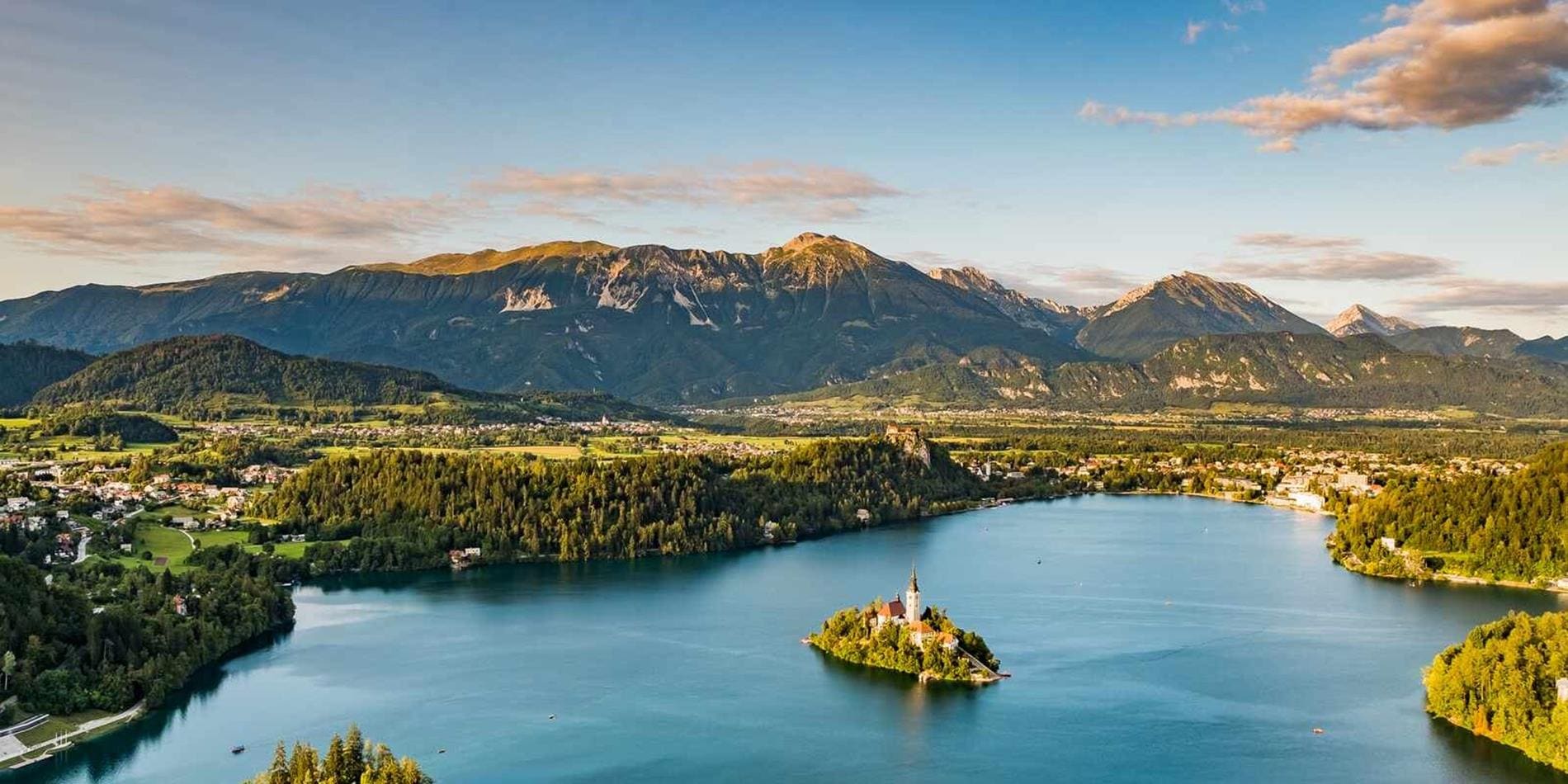 Long distance view of Lake Bled, Slovenia