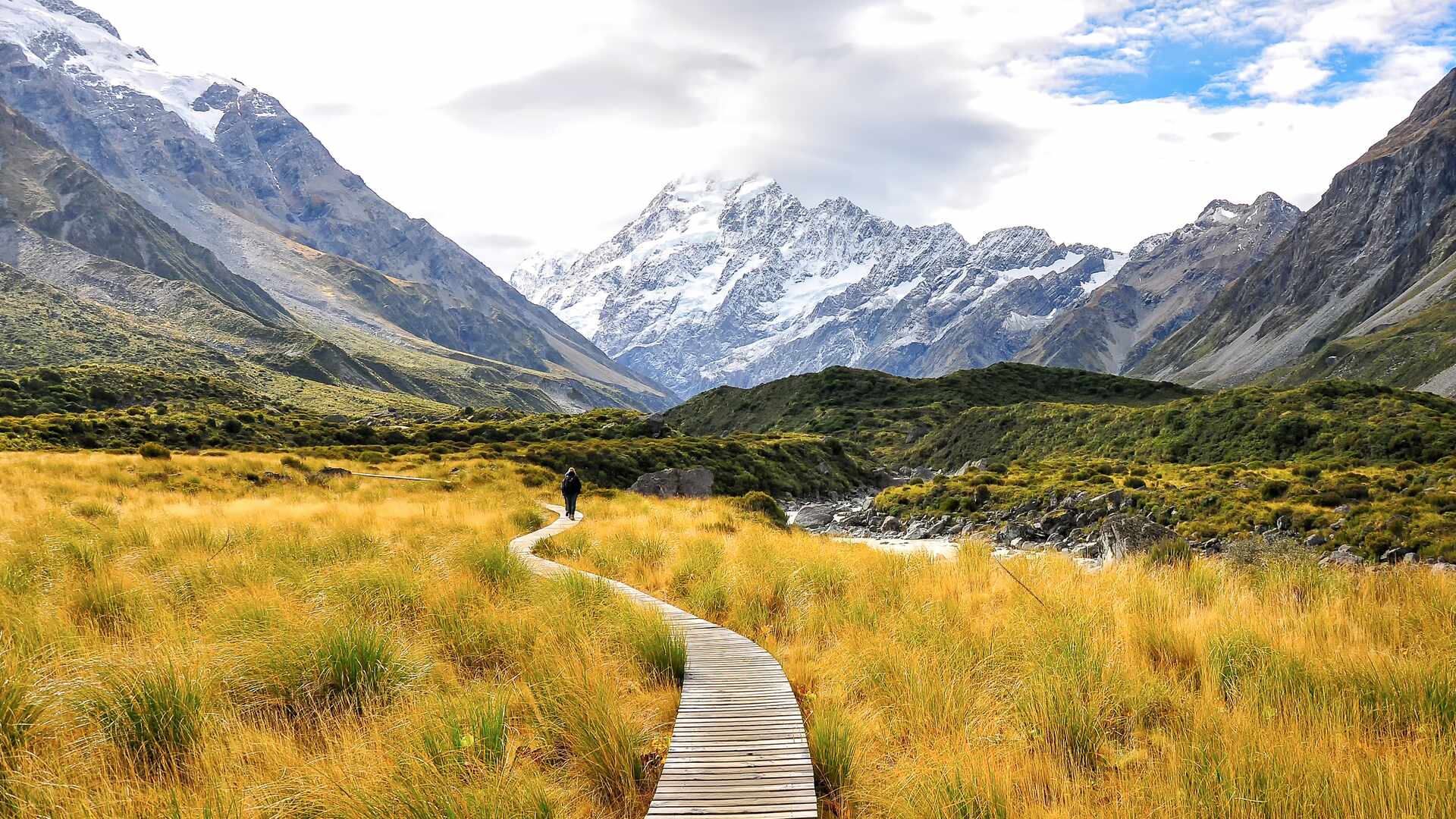 Person walking along a path in Mt Cook National Park, South island New Zealand
