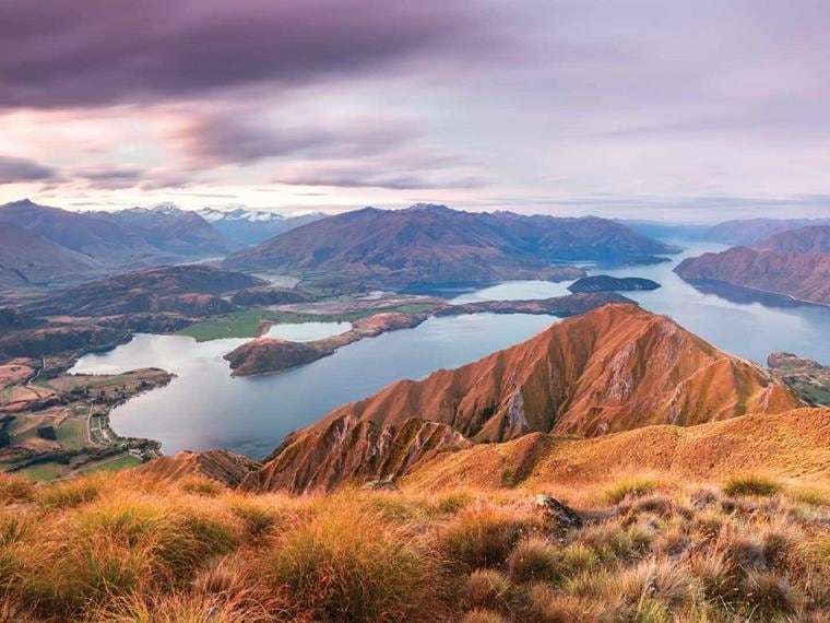 View from mountain looking over lake, Wanaka, Queenstown, New Zealand