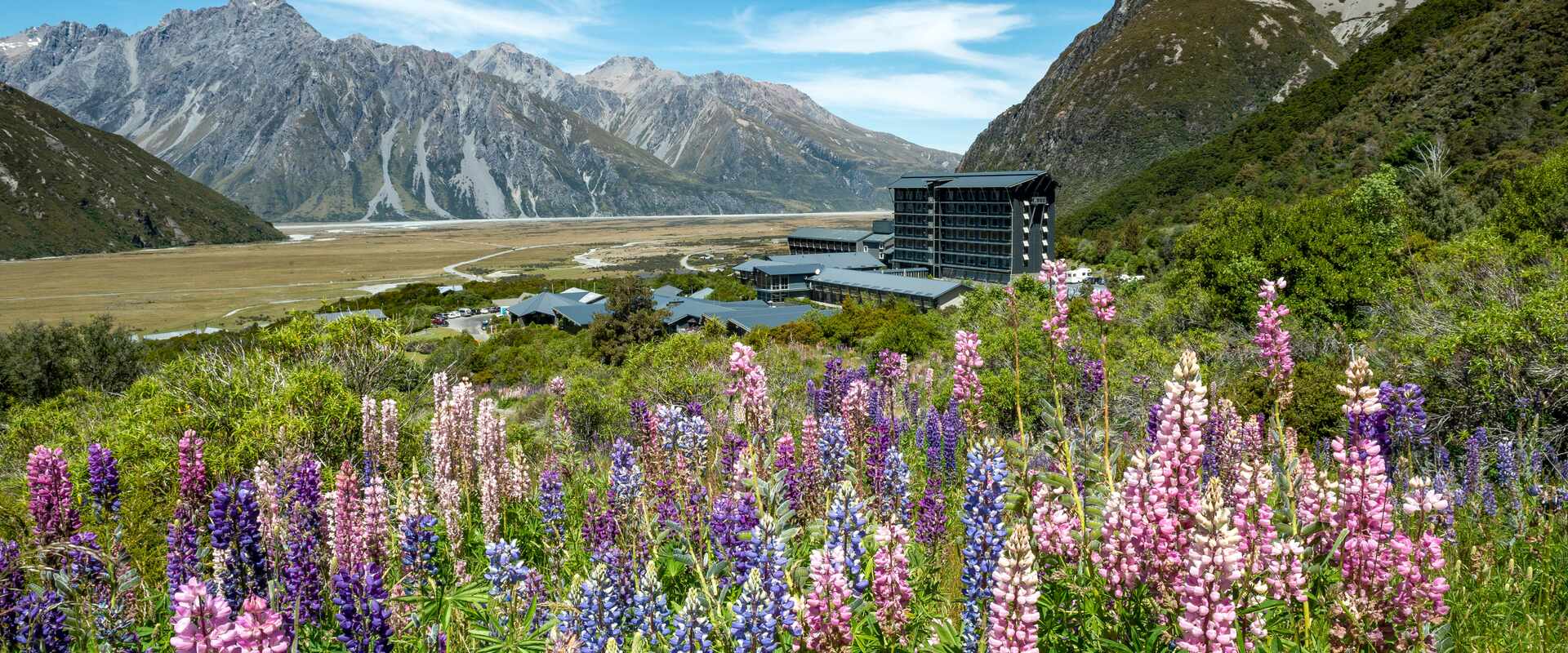 Hermitage Hotel surrounded by mountains and lupins