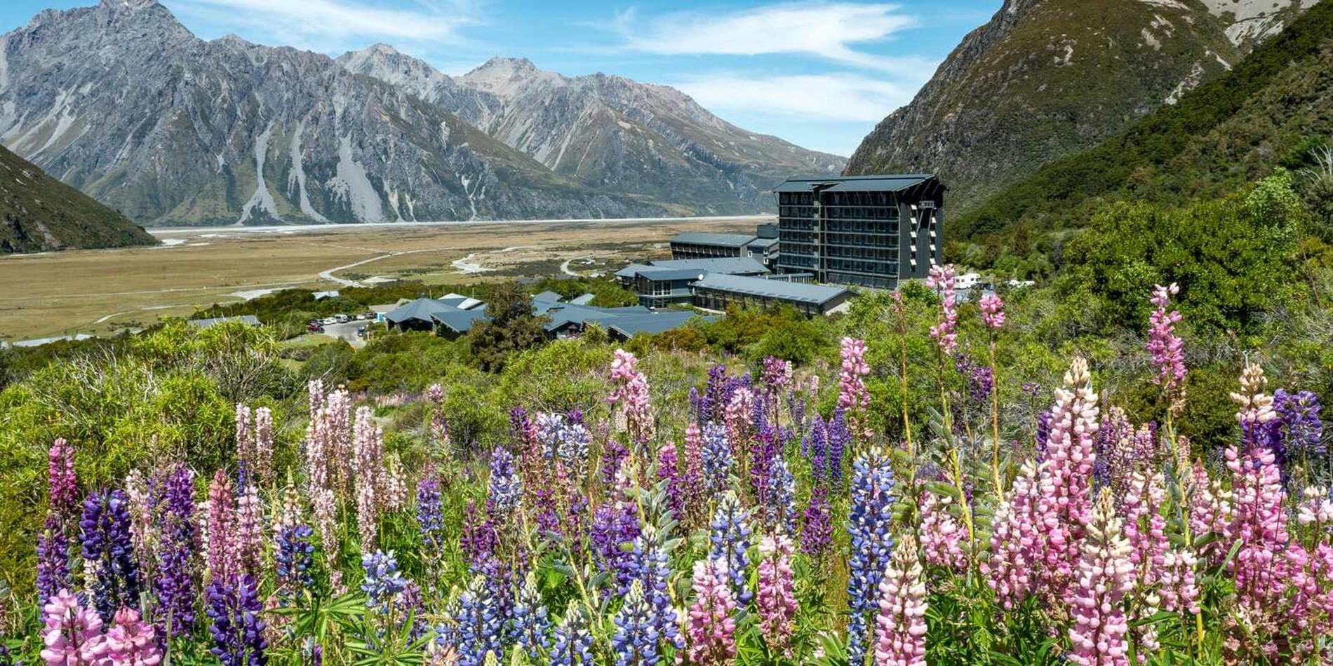 Hermitage Hotel surrounded by mountains and lupins