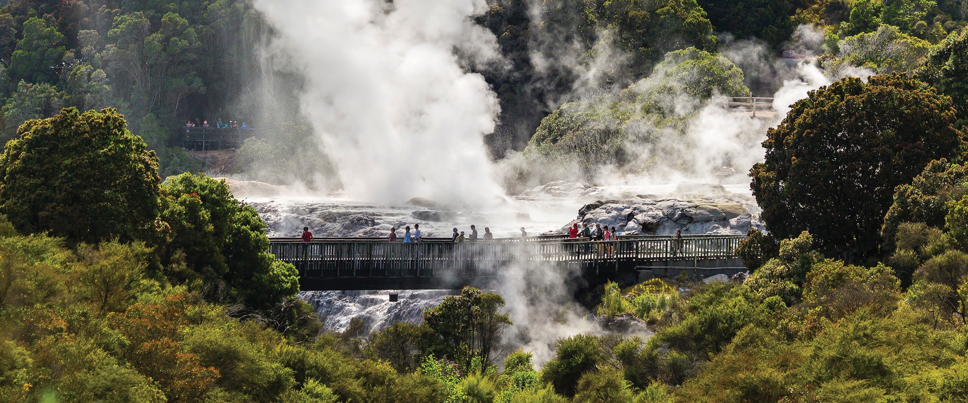View looking across to a steaming geyser, New Zealand