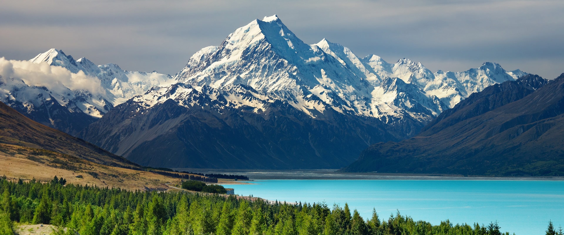 Snow capped Mt Cook with lake in foreground, New Zealand