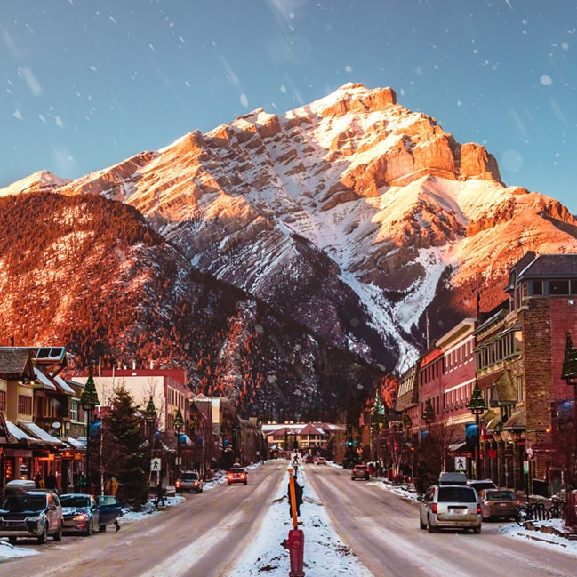 Banff Avenue in winter at sunset, Canada