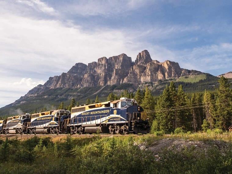 Rocky Mountaineer going past Castle Mountain, Banff National Park, Canada