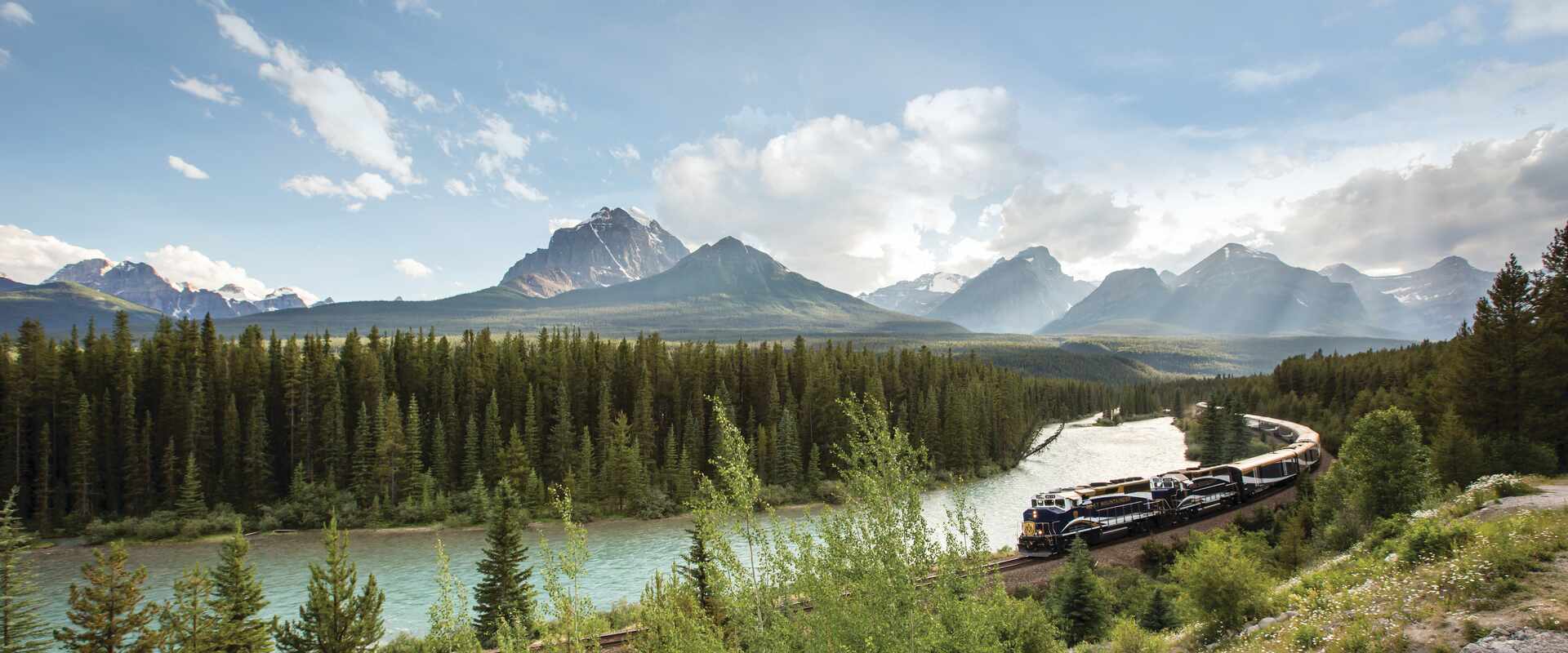 View of Rocky Mountaineer with Rockies Scenery, Canada