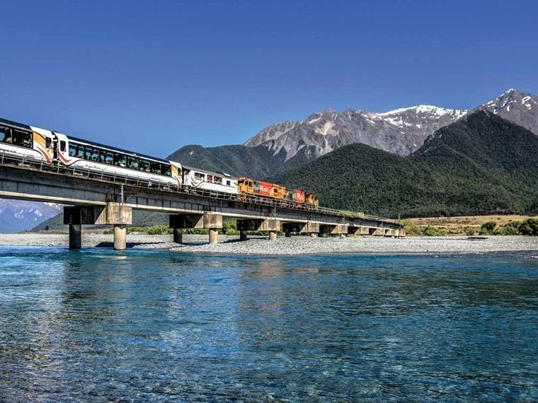 Tranzalpine Train travelling over Waimakariri Bridge, South Island New Zealand
