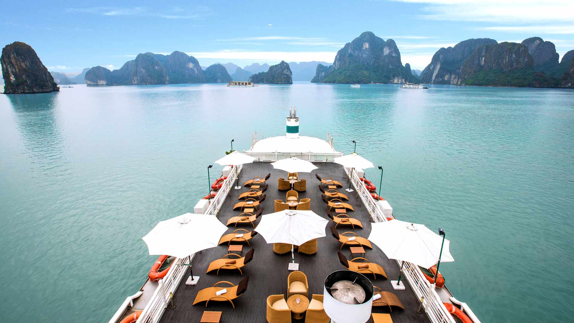 Aerial view of the sundeck onboard of the Au Co Ship, Ha Long Bay, Vietnam