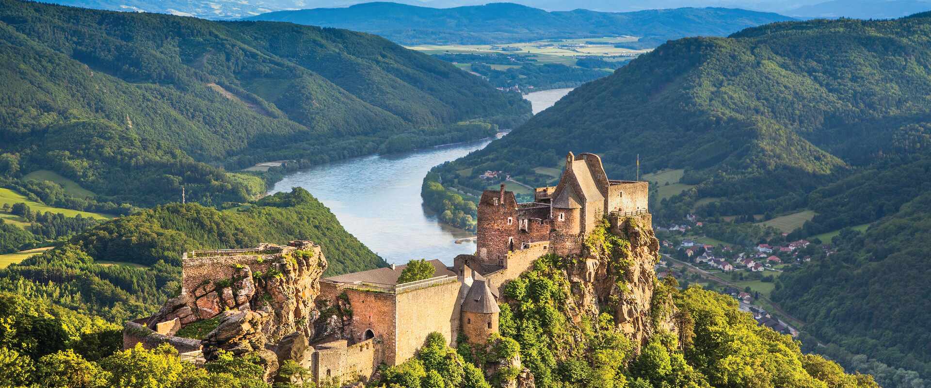View of Aggstein Castle in Wachau Valley along the Danube River, Austria