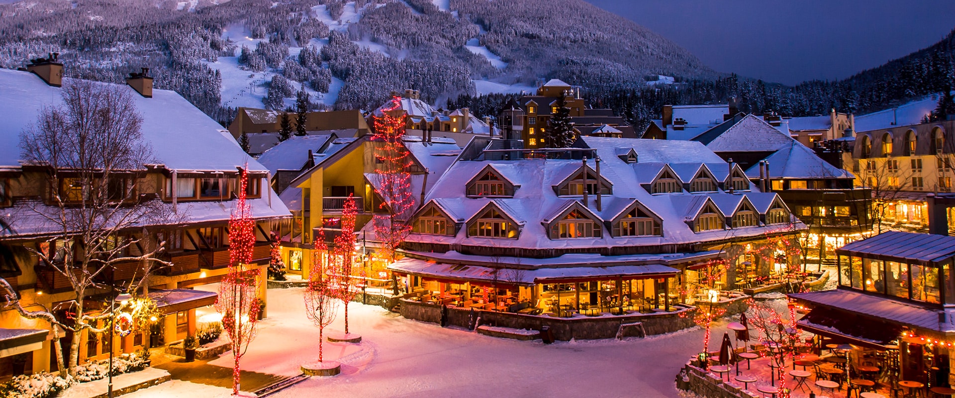 Whistler mountain center at night with colourful lighting