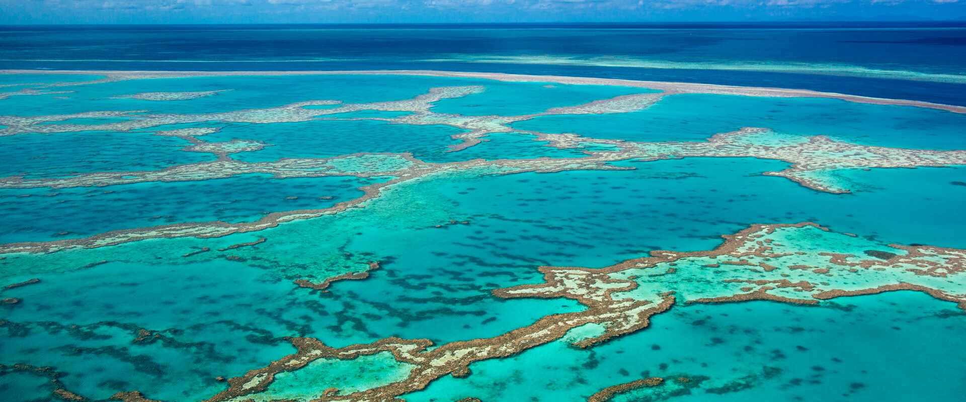 Aerial view of the Great Barrier Reef and its vibrant turquoise colours