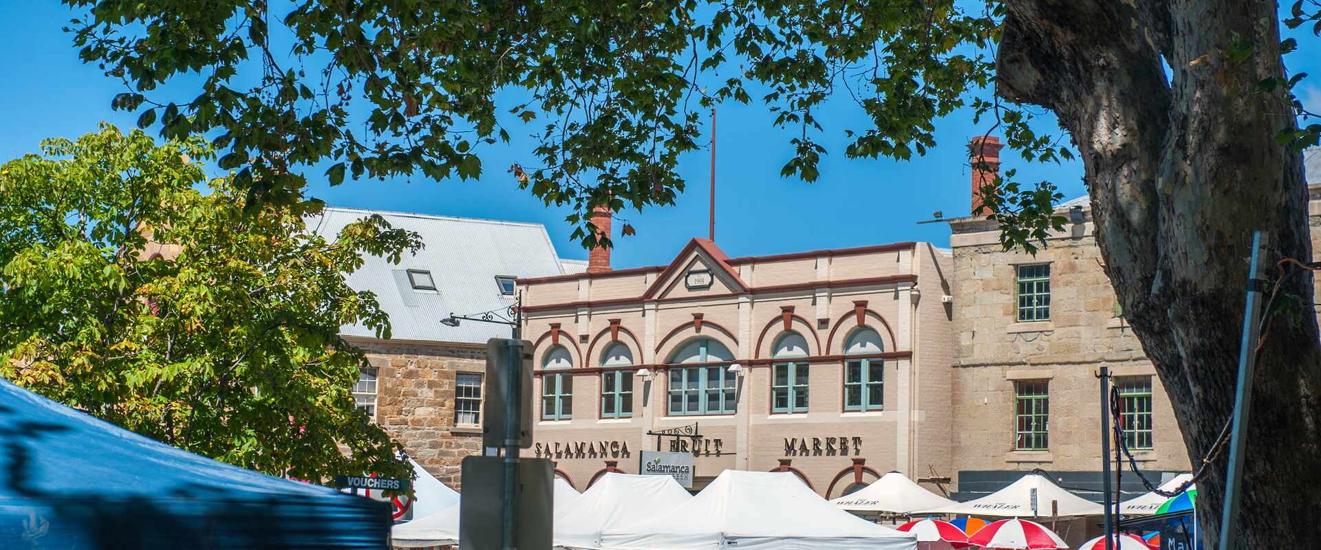 Market stalls on a sunny day at Salamanca Market in Hobart