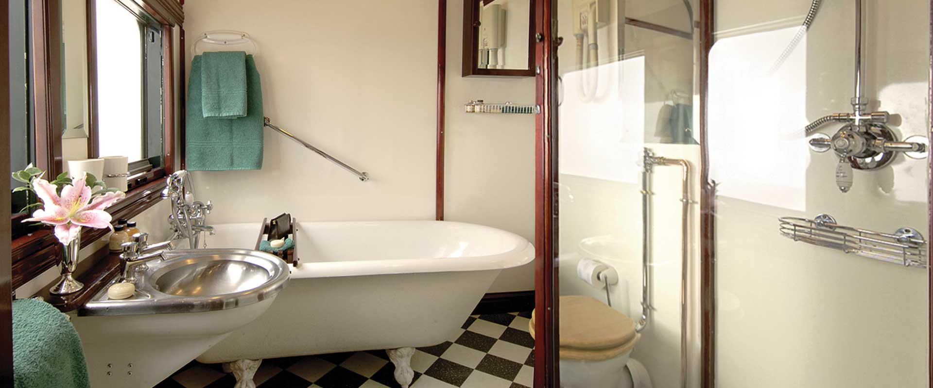 interior of royal suite bathroom on rovos rail train, africa