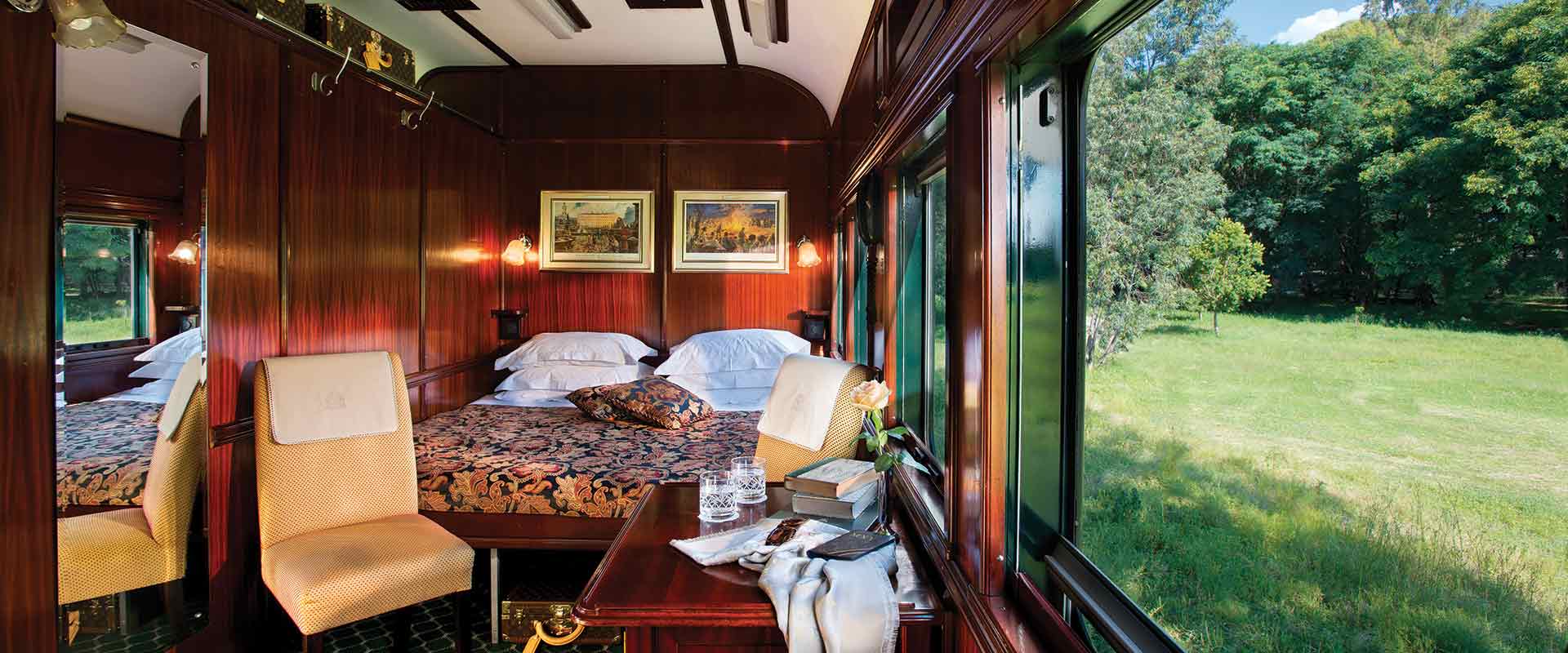interior of deluxe double suite on rovos rail train, africa