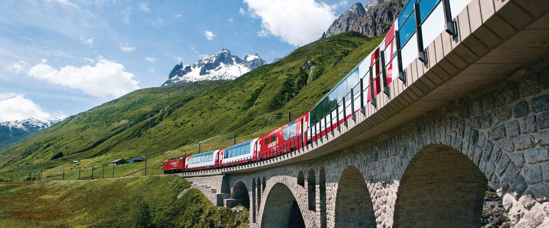 exterior glacier express train on bridge, switzerland